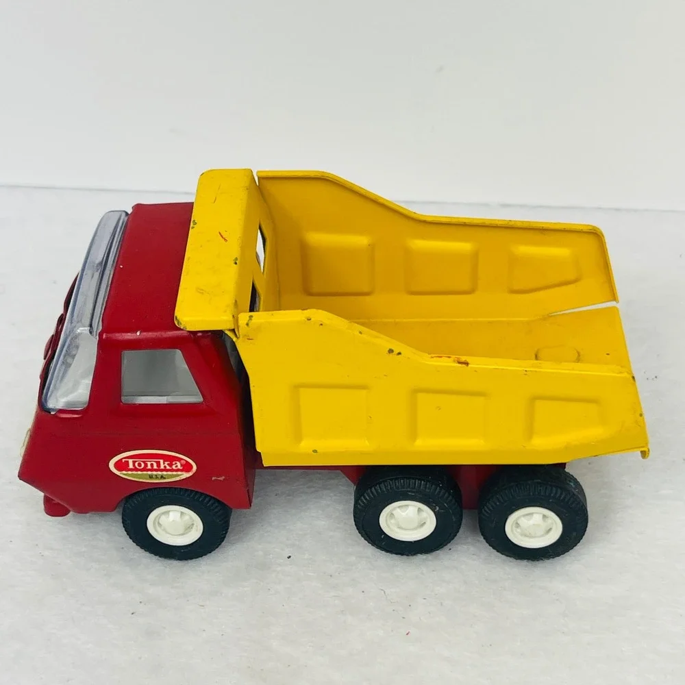 Vintage Tonka USA Red and Yellow Diecast Metal Mini Dump Truck Construction Toy